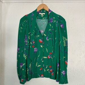 Maje Green Floral Print Tie Blouse, Size 2 (US Size 6)